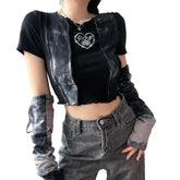 Contrast Color Sleeves Ruffled Slim Crop Top